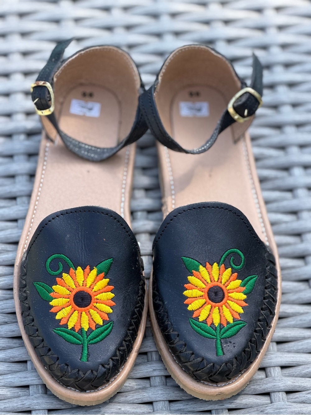 Black Sunflower Embroidered Ankle-Strap Flats